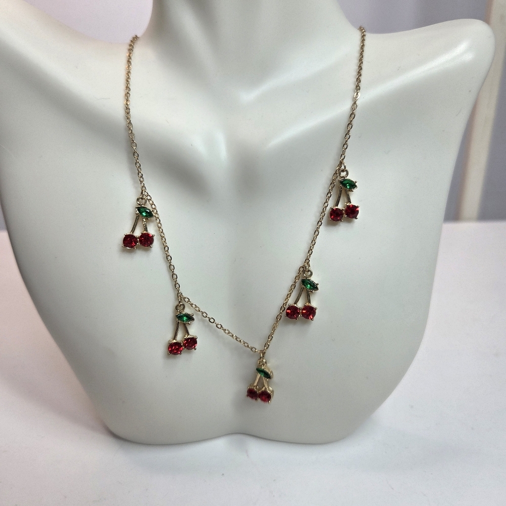Cherry Dangle Charm Necklace Gold Tone Costume Whimsical Fruit